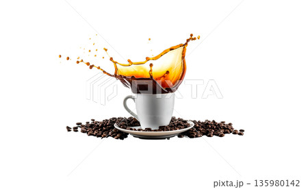 A cup of hot black coffee, topped with roasted coffee beans, on a white saucer. 135980142