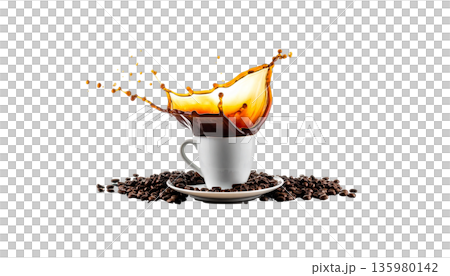 A cup of hot black coffee, topped with roasted coffee beans, on a white saucer. 135980142