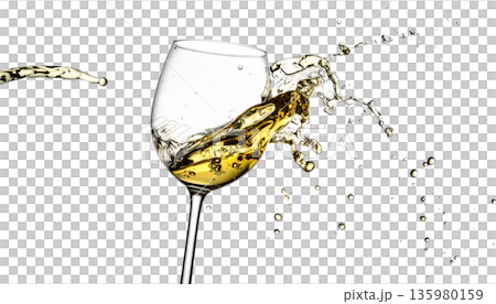 Red wine splashed into the glass placed on the white floor. 135980159