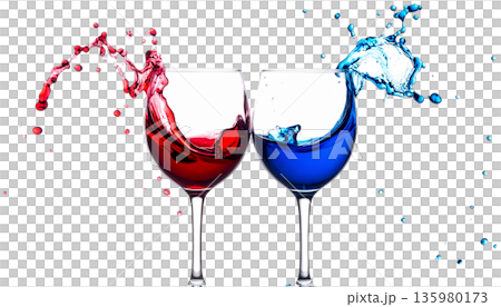 Red wine splashed into the glass placed on the white floor. 135980173