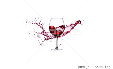 Red wine splashed into the glass placed on the white floor. Red wine splashed into the glass placed on the white floor. 135980177