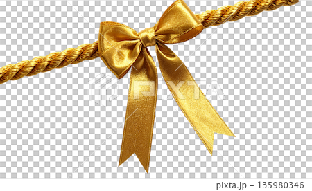 A shimmering gold ribbon is tied in a bow and placed against a white background. A shimmering gold ribbon is tied in a bow and placed against a white background. 135980346