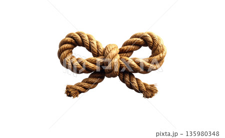 Gold bows and ribbons are tied in knots with brown jute twine, separated against a white background. Gold bows and ribbons are tied in knots with brown jute twine, separated against a white background. 135980348