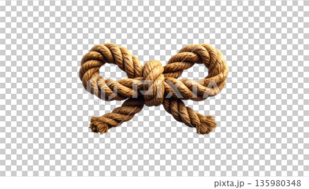Gold bows and ribbons are tied in knots with brown jute twine, separated against a white background. Gold bows and ribbons are tied in knots with brown jute twine, separated against a white background. 135980348