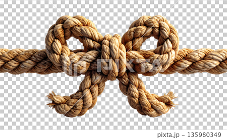Gold bows and ribbons are tied in knots with brown jute twine, separated against a white background. Gold bows and ribbons are tied in knots with brown jute twine, separated against a white background. 135980349
