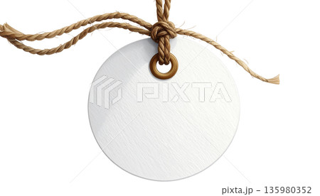 A blank price tag on a string against a white background. A blank price tag on a string against a white background. 135980352
