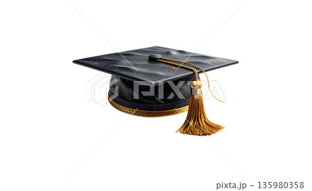 A black graduation cap with a gold tassel on a white background. 135980358