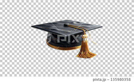 A black graduation cap with a gold tassel on a white background. 135980358