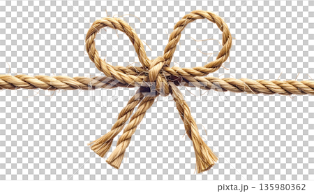 Gold bows and ribbons are tied in knots with brown jute twine, separated against a white background. Gold bows and ribbons are tied in knots with brown jute twine, separated against a white background. 135980362