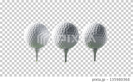 A close-up macro image of a round, white golf ball against a white background. 135980368