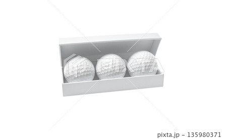 A close-up macro image of a round, white golf ball against a white background. 135980371