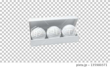 A close-up macro image of a round, white golf ball against a white background. 135980371