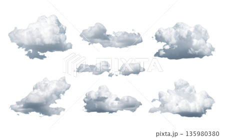 Fluffy white cumulus clouds against a white background. 135980380