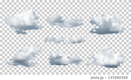 Fluffy white cumulus clouds against a white background. 135980380