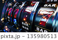 Lucky Seven Slot Machine Reel with BAR Symbols in Neon Casino Lights, Generative AI 135980513