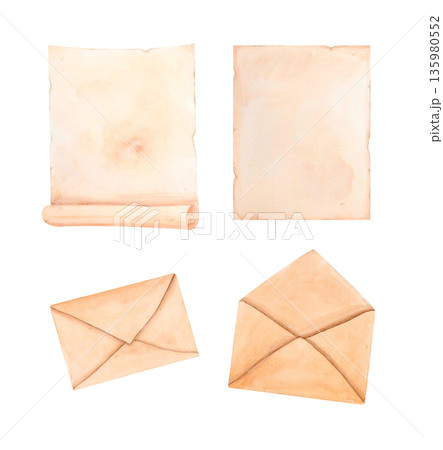 Watercolor vintage paper and envelopes clipart set in soft beige tones isolated on white. Ideal for invitations, romantic designs Watercolor vintage paper and envelopes clipart set in soft beige tones isolated on white. Ideal for invitations, romantic designs 135980552
