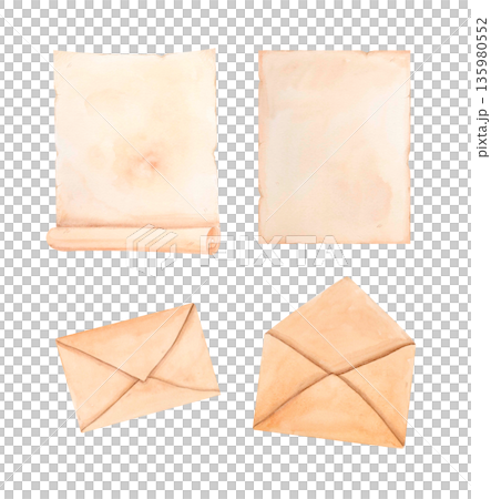 Watercolor vintage paper and envelopes clipart set in soft beige tones isolated on white. Ideal for invitations, romantic designs Watercolor vintage paper and envelopes clipart set in soft beige tones isolated on white. Ideal for invitations, romantic designs 135980552