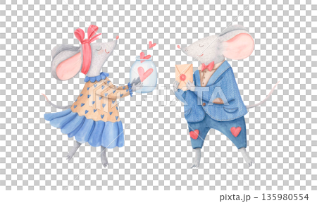 Cute romantic mouse couple with love letter and jar with hearts isolated on white. Valentine animal character watercolor clipart Cute romantic mouse couple with love letter and jar with hearts isolated on white. Valentine animal character watercolor clipart 135980554