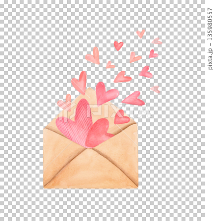 Watercolor love letter envelope with pink hearts isolated on white. Romantic valentine clipart in cute style for love designs. 135980557