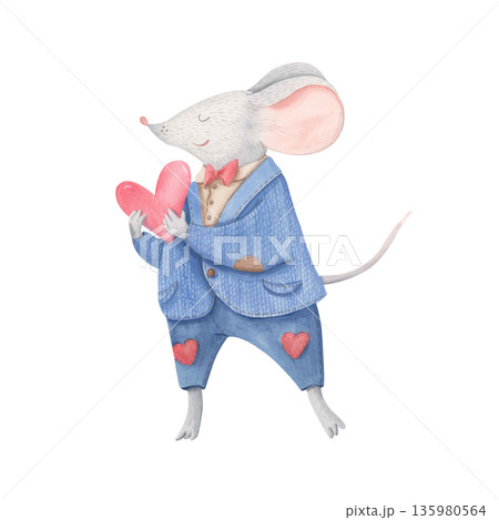 Cute watercolor mouse boy holding pink heart isolated on white. Romantic valentine clipart with animal character for love designs Cute watercolor mouse boy holding pink heart isolated on white. Romantic valentine clipart with animal character for love designs 135980564