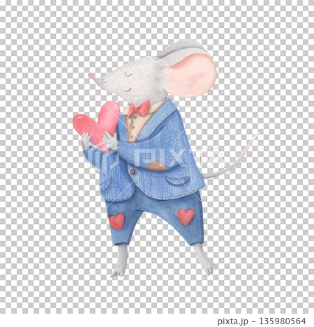 Cute watercolor mouse boy holding pink heart isolated on white. Romantic valentine clipart with animal character for love designs Cute watercolor mouse boy holding pink heart isolated on white. Romantic valentine clipart with animal character for love designs 135980564