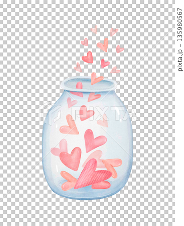 Watercolor jar filled with pink hearts isolated on white. Romantic valentine clipart in cute naive style for love designs, cards. 135980567