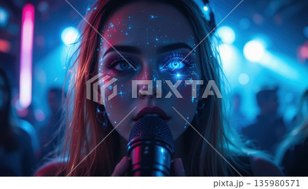 Ethereal Female Singer with Glowing Galaxy Face Paint at Night Concert 135980571