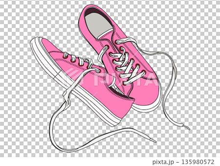 ピンクのスニーカーを真上から俯瞰してみたイラスト 上向き 横向き 135980572