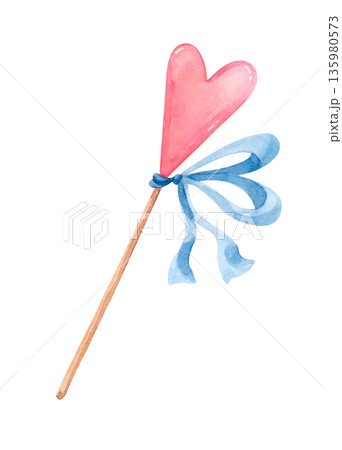 Watercolor heart shaped lollipop with blue bow isolated on white. Romantic valentine food clipart in cute style for love designs 135980573
