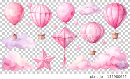 Pink helium balloons on a white background Pink helium balloons on a white background 135980625