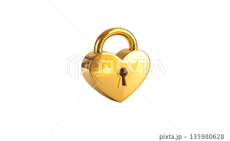 A three-dimensional, gold heart-shaped lock with a metal key is placed on a white background. A three-dimensional, gold heart-shaped lock with a metal key is placed on a white background. 135980628