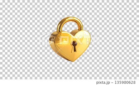 A three-dimensional, gold heart-shaped lock with a metal key is placed on a white background. A three-dimensional, gold heart-shaped lock with a metal key is placed on a white background. 135980628