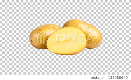 A large pile of fresh, organic potatoes is placed on a white background. A large pile of fresh, organic potatoes is placed on a white background. 135980640