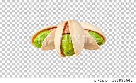 Delicious salted pistachios with green kernels and brown shells are placed on a white background. Delicious salted pistachios with green kernels and brown shells are placed on a white background. 135980646