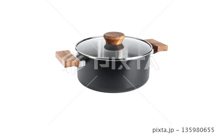 The image shows stainless steel pots, pans, and saucepans with lids placed separately on a white background. 135980655