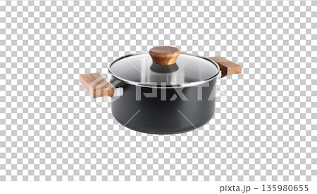 The image shows stainless steel pots, pans, and saucepans with lids placed separately on a white background. 135980655