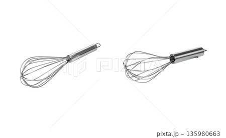 A professional stainless steel wire whisk kitchen utensil isolated on a white background for cooking and mixing food A professional stainless steel wire whisk kitchen utensil isolated on a white background for cooking and mixing food 135980663