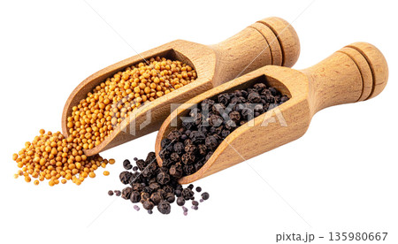 A close-up image of fragrant black peppercorns and dried spices in a wooden spoon against a white background. A close-up image of fragrant black peppercorns and dried spices in a wooden spoon against a white background. 135980667