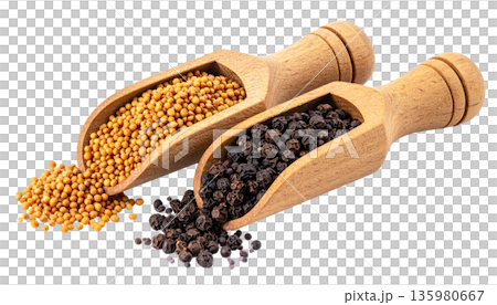 A close-up image of fragrant black peppercorns and dried spices in a wooden spoon against a white background. A close-up image of fragrant black peppercorns and dried spices in a wooden spoon against a white background. 135980667