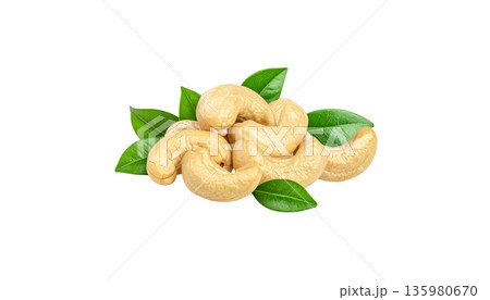 Fresh, raw cashew nuts on a white background. 135980670