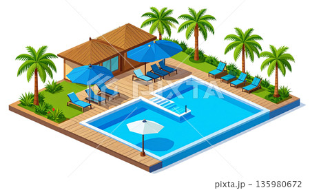 A luxurious swimming pool in a tropical beach resort, surrounded by palm trees and turquoise waters under a summer sky against a white background. 135980672