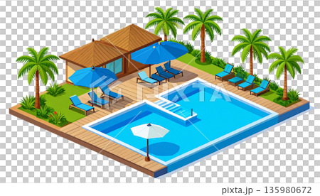 A luxurious swimming pool in a tropical beach resort, surrounded by palm trees and turquoise waters under a summer sky against a white background. 135980672