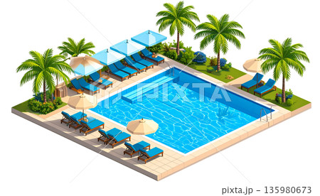A luxurious swimming pool in a tropical beach resort, surrounded by palm trees and turquoise waters under a summer sky against a white background. A luxurious swimming pool in a tropical beach resort, surrounded by palm trees and turquoise waters under a summer sky against a white background. 135980673