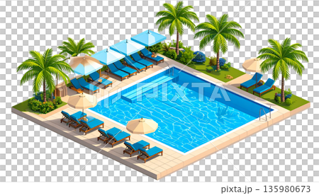 A luxurious swimming pool in a tropical beach resort, surrounded by palm trees and turquoise waters under a summer sky against a white background. A luxurious swimming pool in a tropical beach resort, surrounded by palm trees and turquoise waters under a summer sky against a white background. 135980673