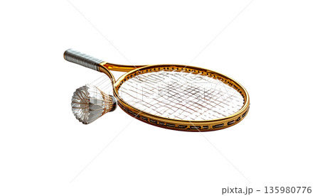 Badminton rackets and shuttlecocks, sports equipment on a white background. Badminton rackets and shuttlecocks, sports equipment on a white background. 135980776