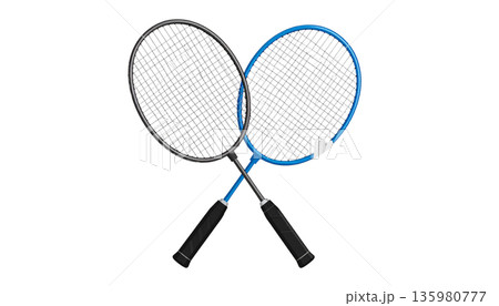 Badminton rackets and shuttlecocks, sports equipment on a white background. 135980777