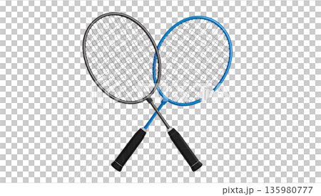 Badminton rackets and shuttlecocks, sports equipment on a white background. 135980777
