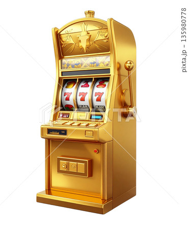 A slot machine with three spinning reels and the number seven, separated on a white background. 135980778