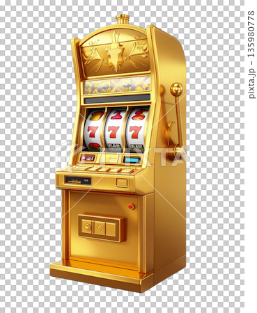 A slot machine with three spinning reels and the number seven, separated on a white background. 135980778