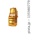 A slot machine with three spinning reels and the number seven, separated on a white background. 135980779